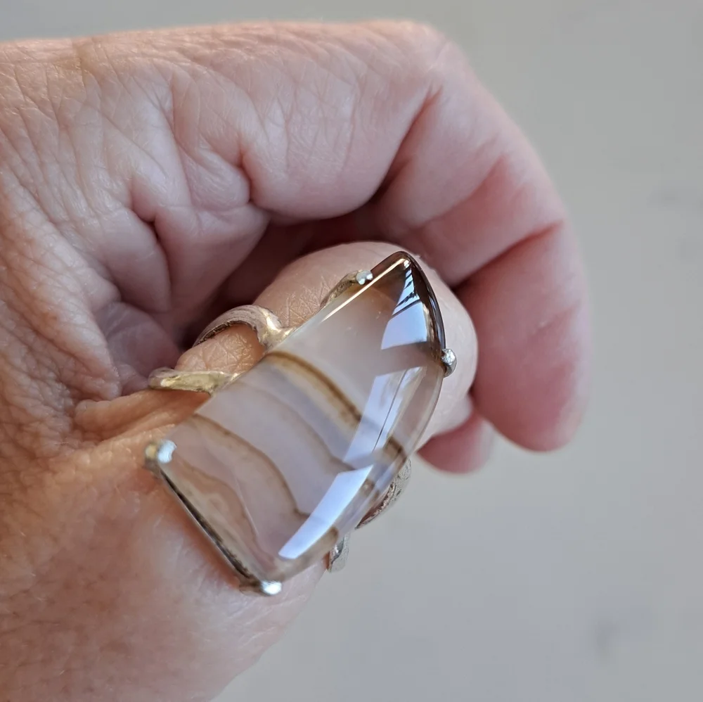 Men's Artisan Agate Ring, Sz 12, Genuine In SS